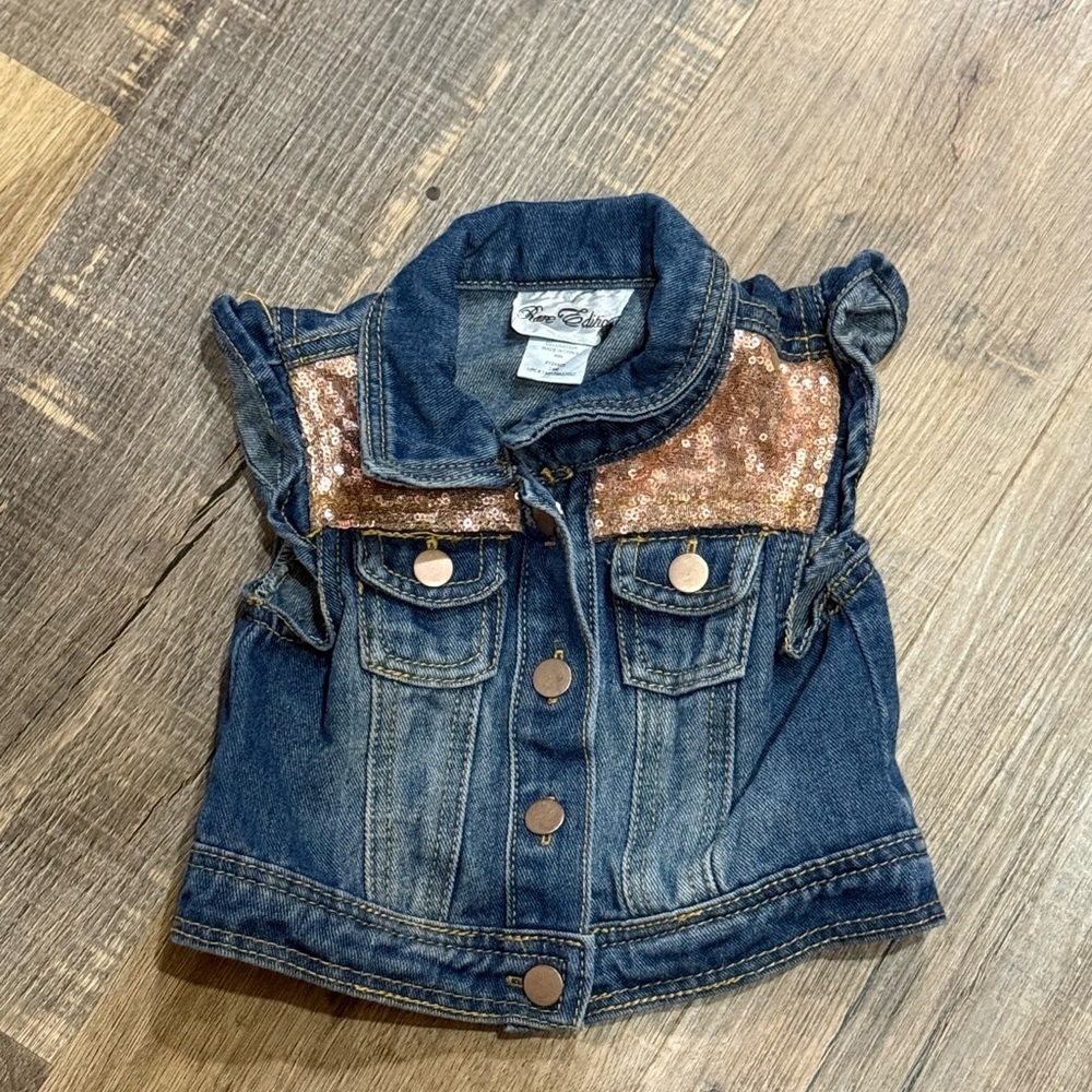 Rare Editions Blue Denim Vest with Gold Sequin Accents